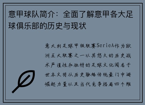 意甲球队简介：全面了解意甲各大足球俱乐部的历史与现状